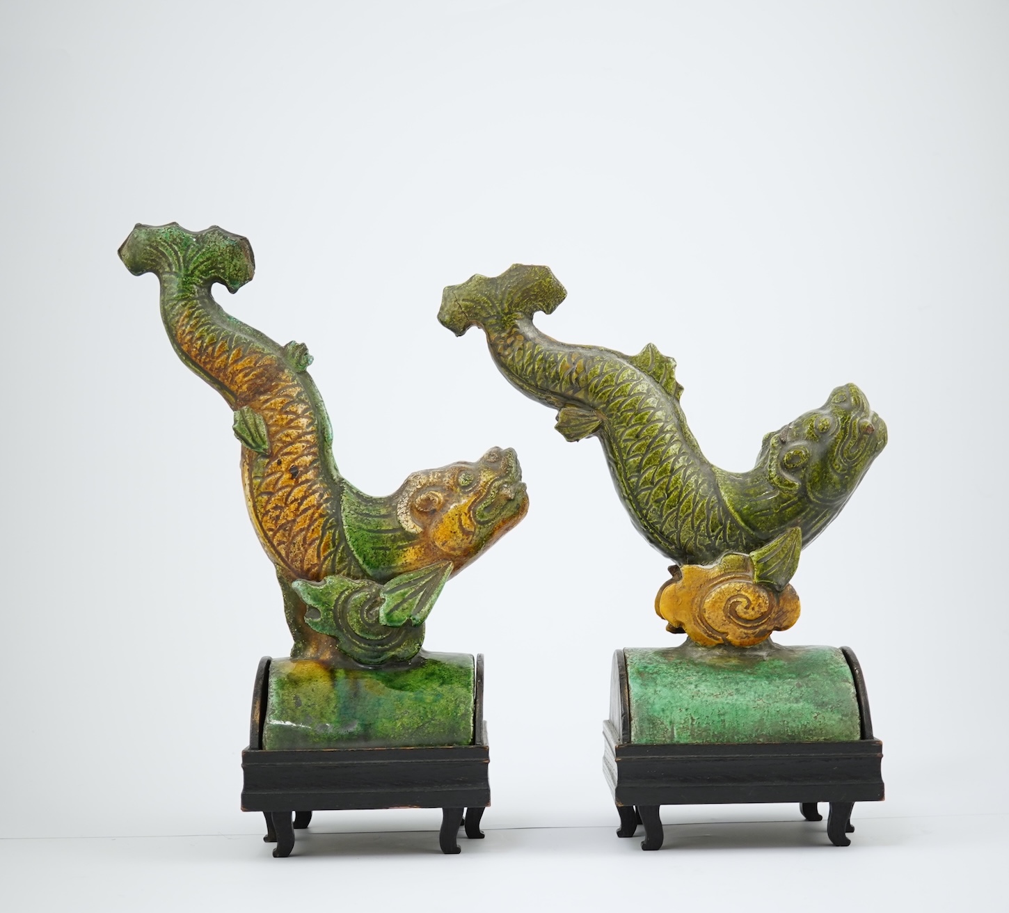 Two Chinese sancai ‘dragon-fish’ ridge tiles, Ming dynasty, c.1580-1620
